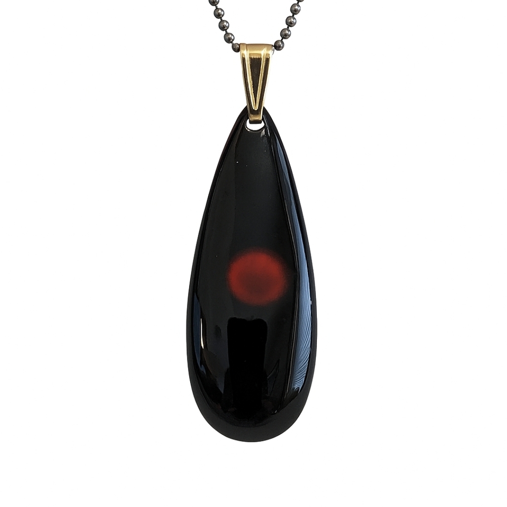 Vintage Artisan Shiny Pendant Necklace Black Teardrop Red Festival Boho